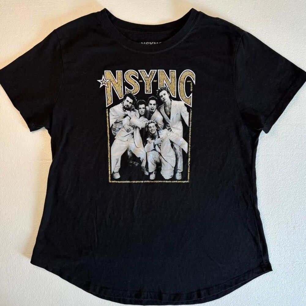 NSYNC Y2K Band Graphic Tee 1X Black Gold Glitter Curved Hem Shirt Plus Size